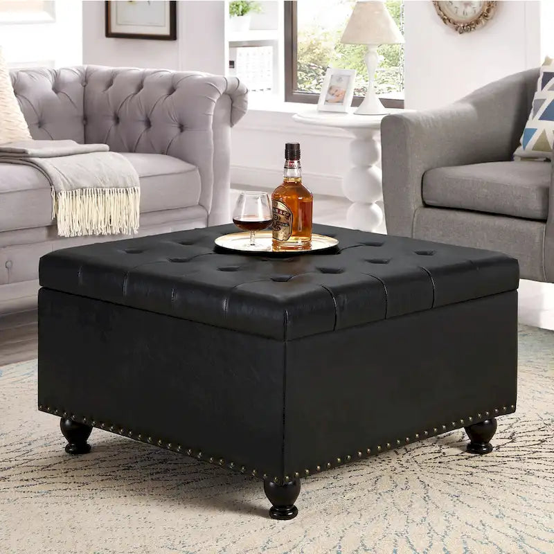 Linen / Black PU / Beige / Dark Gray Square Storage Ottoman with Wooden Legs, Seats 1
