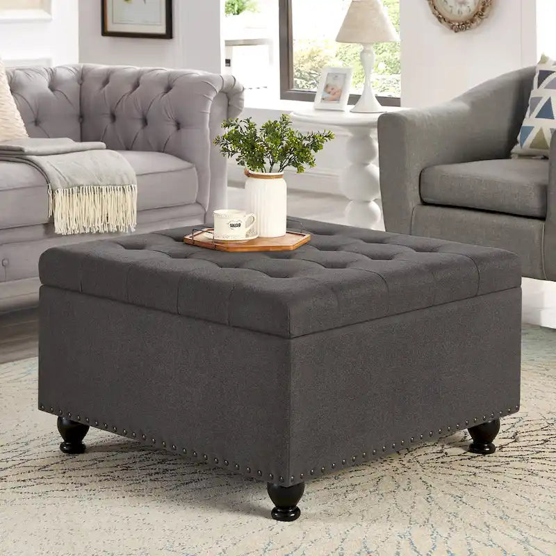 Linen / Black PU / Beige / Dark Gray Square Storage Ottoman with Wooden Legs, Seats 1
