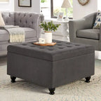 Linen / Black PU / Beige / Dark Gray Square Storage Ottoman with Wooden Legs, Seats 1