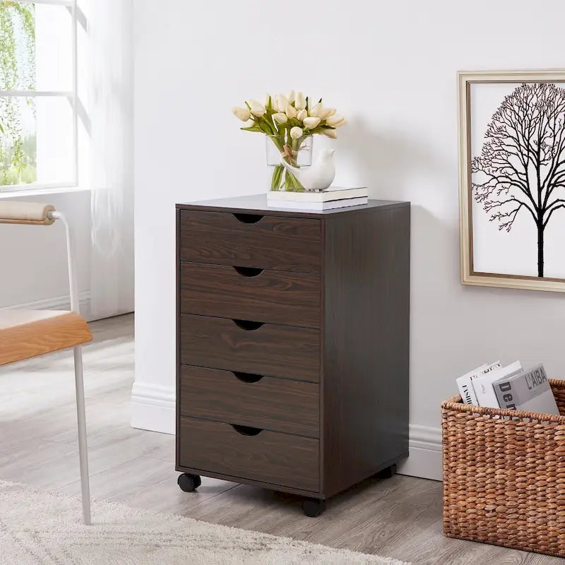 5-Drawer Wood Storage Dresser with Wheels – White / Espresso / Oak / Black | Multiple Colors