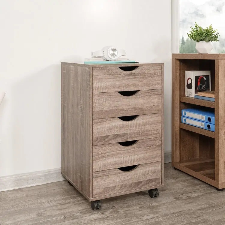 5-Drawer Wood Storage Dresser with Wheels – White / Espresso / Oak / Black | Multiple Colors