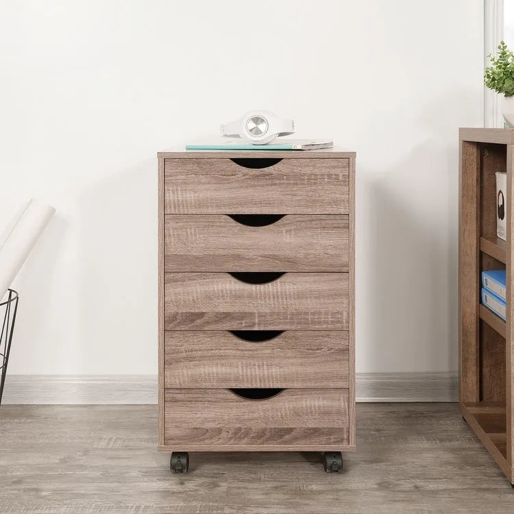 5-Drawer Wood Storage Dresser with Wheels – White / Espresso / Oak / Black | Multiple Colors