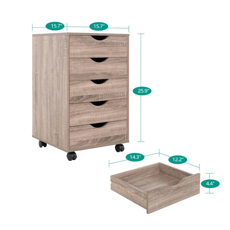 5-Drawer Wood Storage Dresser with Wheels – White / Espresso / Oak / Black | Multiple Colors