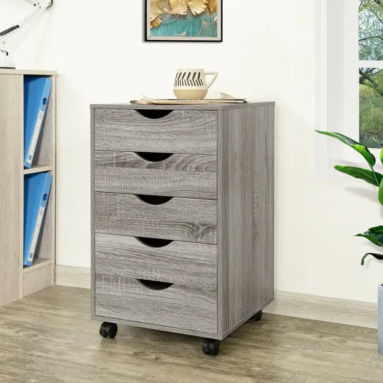 5-Drawer Wood Storage Dresser with Wheels – White / Espresso / Oak / Black | Multiple Colors