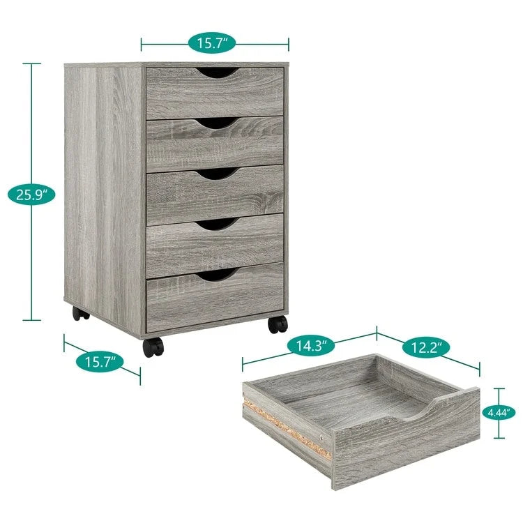 5-Drawer Wood Storage Dresser with Wheels – White / Espresso / Oak / Black | Multiple Colors
