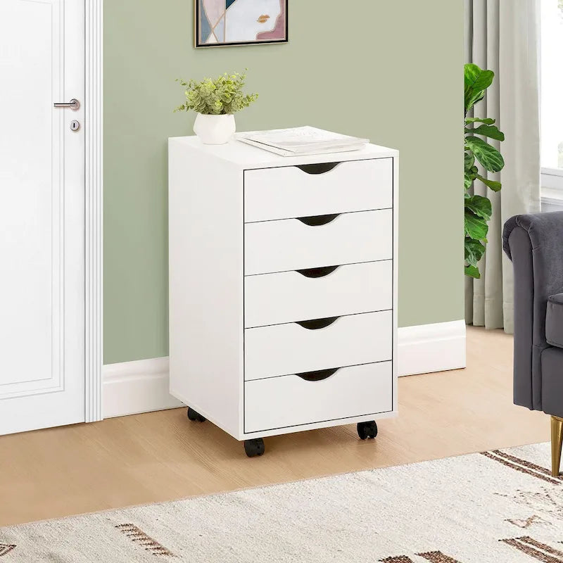 5-Drawer Wood Storage Dresser with Wheels – White / Espresso / Oak / Black | Multiple Colors
