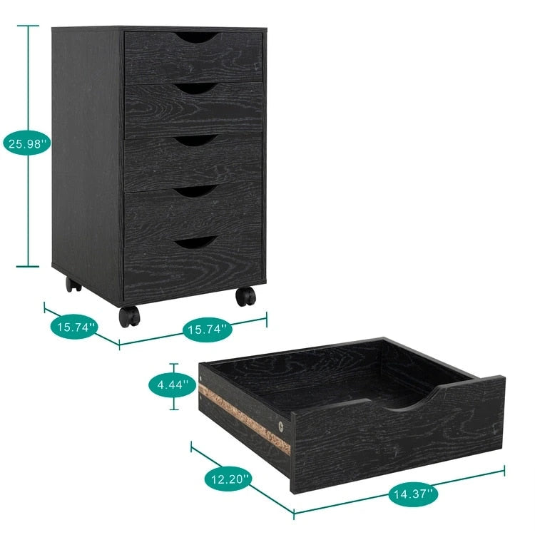 5-Drawer Wood Storage Dresser with Wheels – White / Espresso / Oak / Black | Multiple Colors