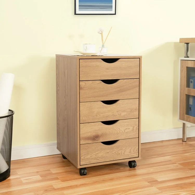 5-Drawer Wood Storage Dresser with Wheels – White / Espresso / Oak / Black | Multiple Colors