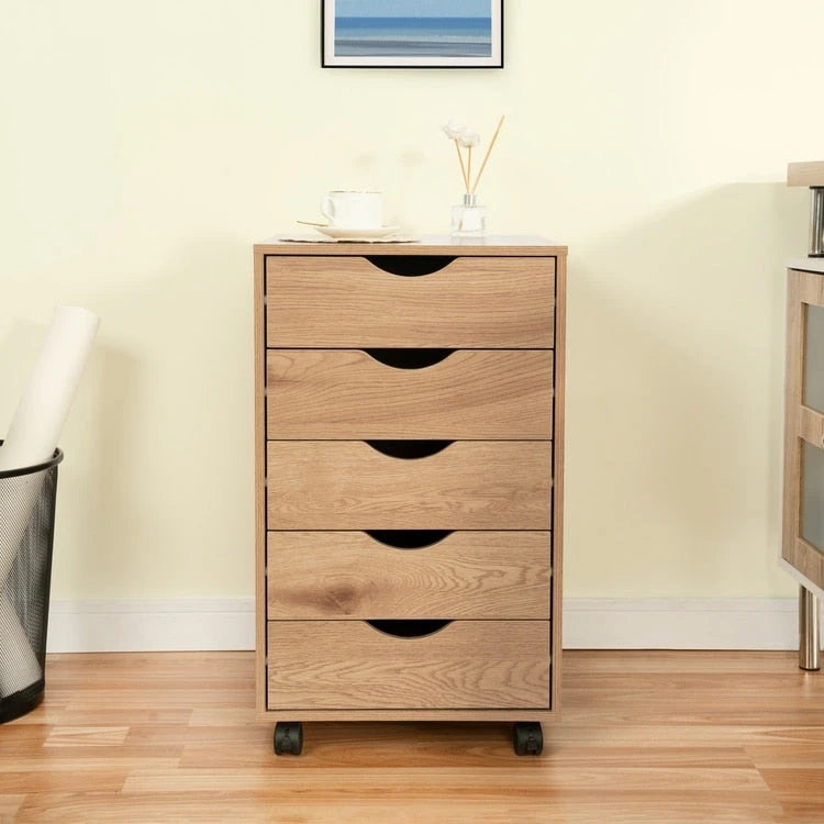 5-Drawer Wood Storage Dresser with Wheels – White / Espresso / Oak / Black | Multiple Colors