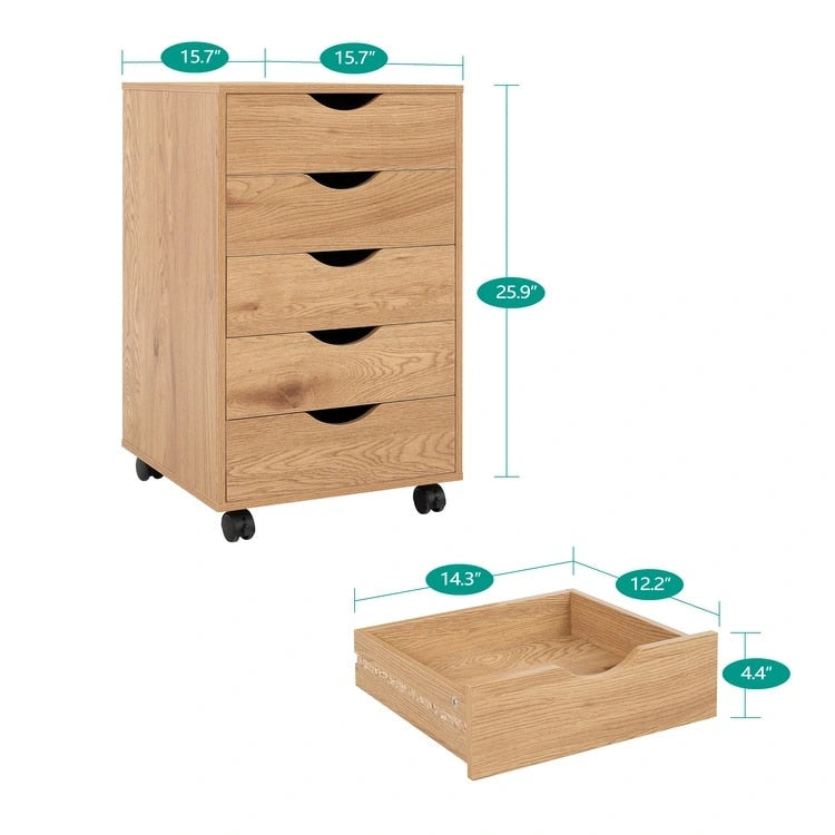 5-Drawer Wood Storage Dresser with Wheels – White / Espresso / Oak / Black | Multiple Colors