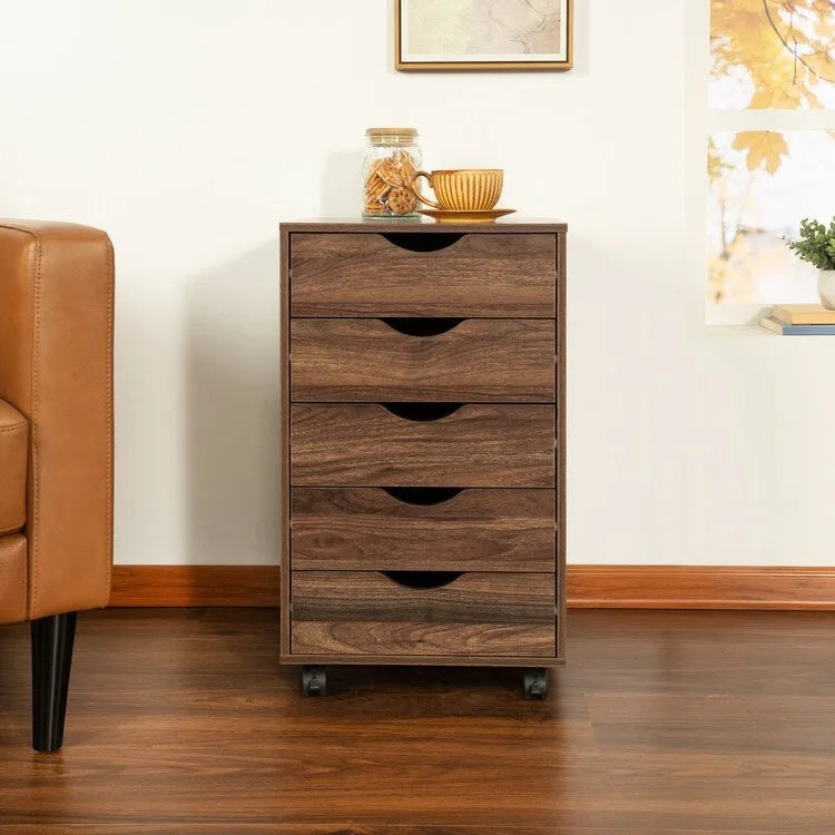 5-Drawer Wood Storage Dresser with Wheels – White / Espresso / Oak / Black | Multiple Colors