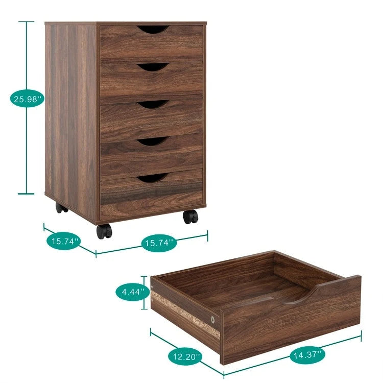 5-Drawer Wood Storage Dresser with Wheels – White / Espresso / Oak / Black | Multiple Colors
