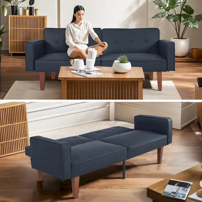 Mid-Century Convertible Loveseat Sofa Bed – Green / Brown / Grey / Beige / Black / Blue, 2-Seater