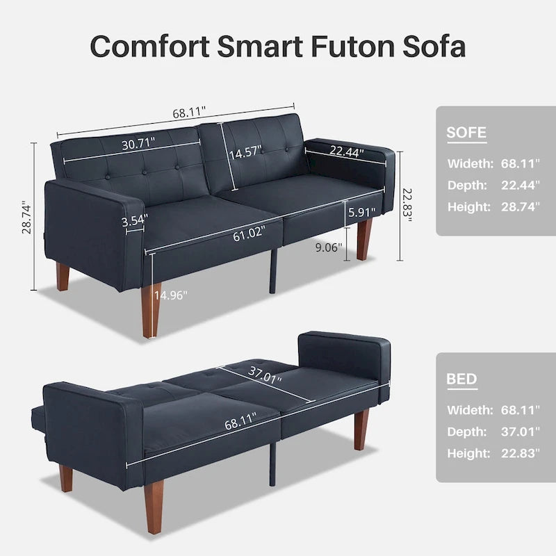 Mid-Century Convertible Loveseat Sofa Bed – Green / Brown / Grey / Beige / Black / Blue, 2-Seater