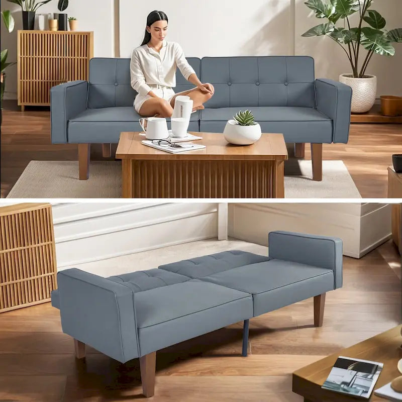 Mid-Century Convertible Loveseat Sofa Bed – Green / Brown / Grey / Beige / Black / Blue, 2-Seater