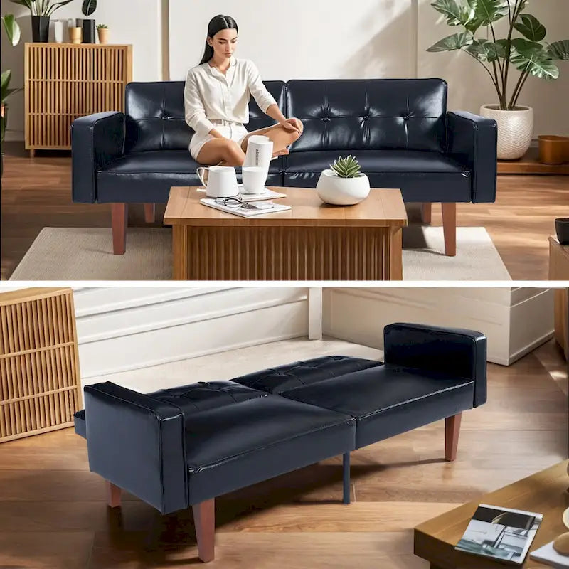 Mid-Century Convertible Loveseat Sofa Bed – Green / Brown / Grey / Beige / Black / Blue, 2-Seater