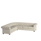 Beige / Grey / Brown Linen, Velvet & Leather Chesterfield L-Shaped Sectional, 7-Seat