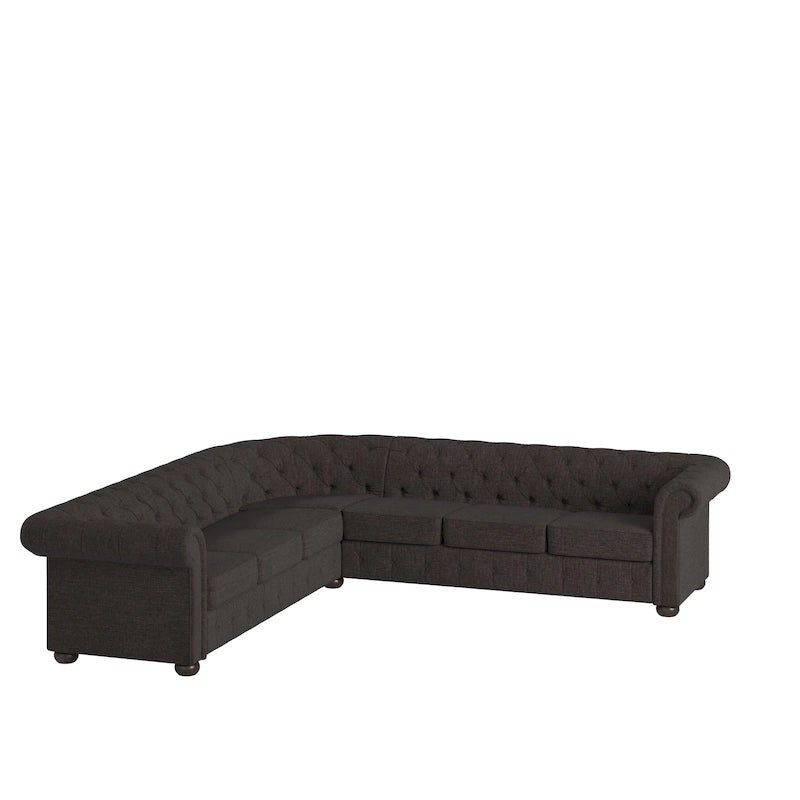 Beige / Grey / Brown Linen, Velvet & Leather Chesterfield L-Shaped Sectional, 7-Seat