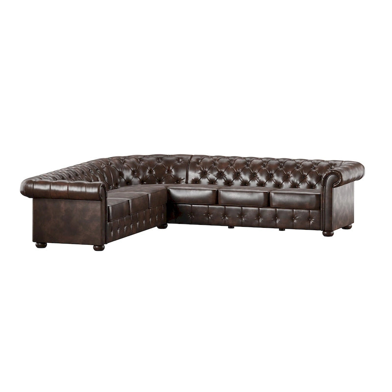 Beige / Grey / Brown Linen, Velvet & Leather Chesterfield L-Shaped Sectional, 7-Seat