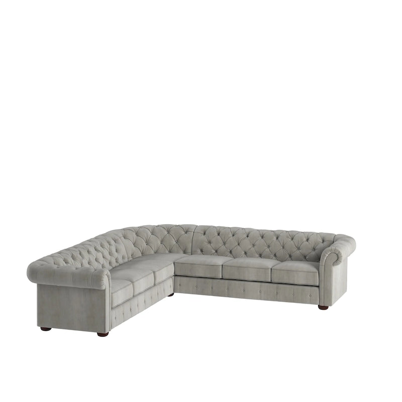 Beige / Grey / Brown Linen, Velvet & Leather Chesterfield L-Shaped Sectional, 7-Seat