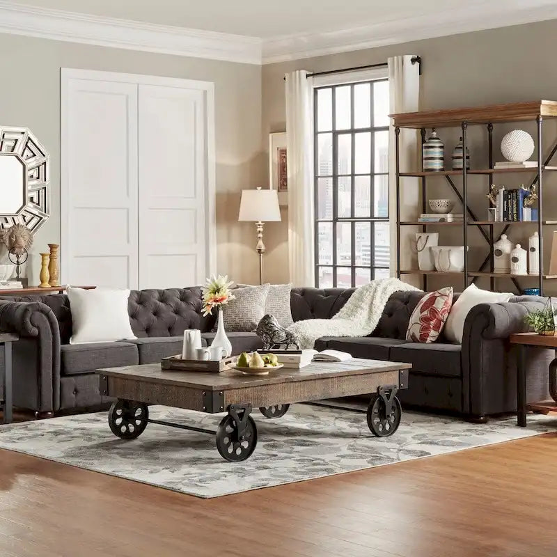 Beige / Grey / Brown Linen, Velvet & Leather Chesterfield L-Shaped Sectional, 7-Seat