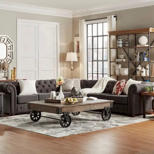 Beige / Grey / Brown Linen, Velvet & Leather Chesterfield L-Shaped Sectional, 7-Seat