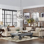 Beige / Grey / Brown Linen, Velvet & Leather Chesterfield L-Shaped Sectional, 7-Seat