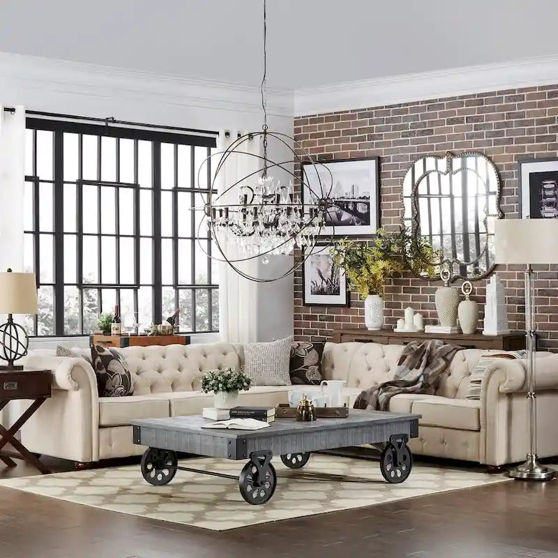 Beige / Grey / Brown Linen, Velvet & Leather Chesterfield L-Shaped Sectional, 7-Seat