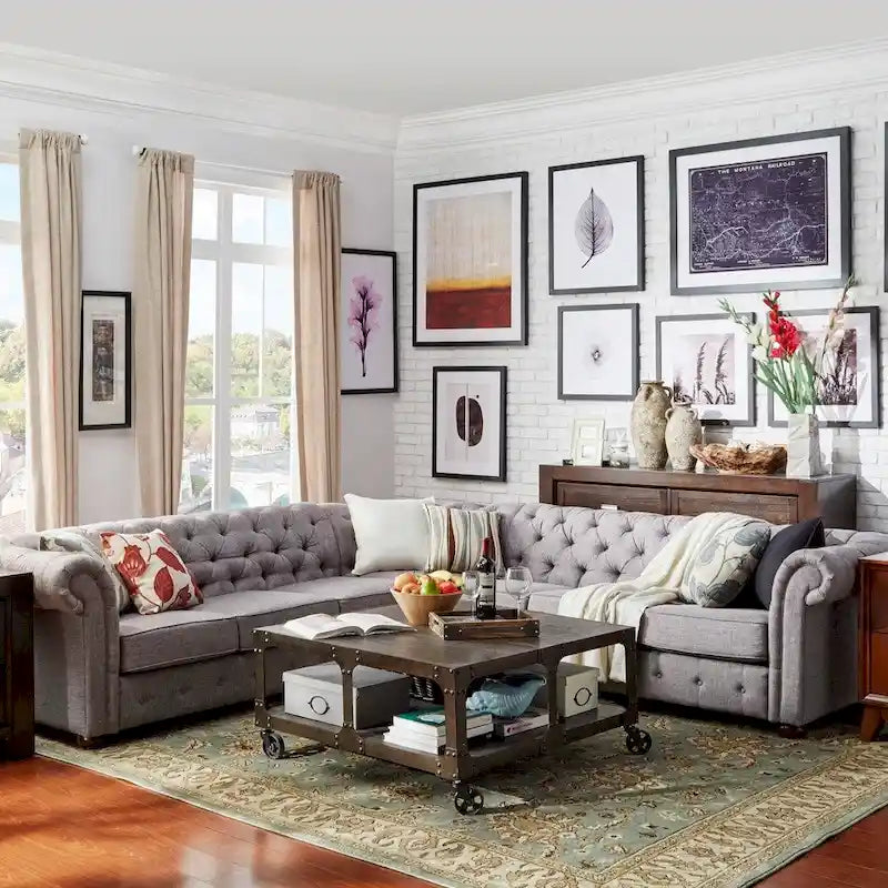 Beige / Grey / Brown Linen, Velvet & Leather Chesterfield L-Shaped Sectional, 7-Seat