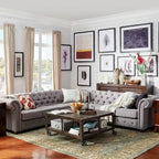 Beige / Grey / Brown Linen, Velvet & Leather Chesterfield L-Shaped Sectional, 7-Seat
