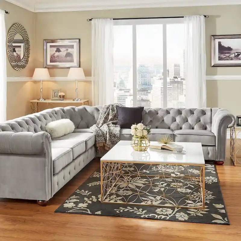 Beige / Grey / Brown Linen, Velvet & Leather Chesterfield L-Shaped Sectional, 7-Seat
