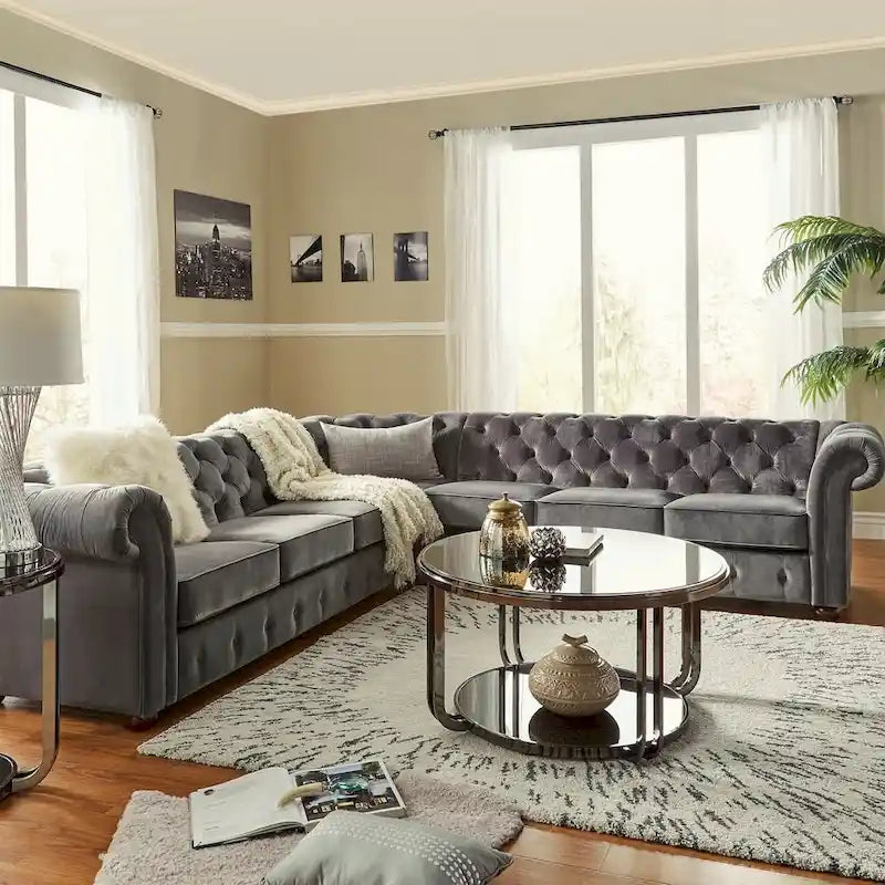Beige / Grey / Brown Linen, Velvet & Leather Chesterfield L-Shaped Sectional, 7-Seat
