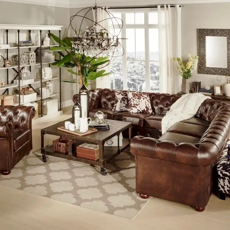 Beige / Grey / Brown Linen, Velvet & Leather Chesterfield L-Shaped Sectional, 7-Seat