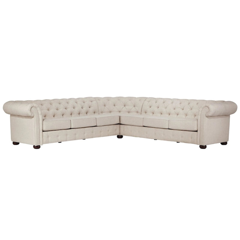 Beige / Grey / Brown Linen, Velvet & Leather Chesterfield L-Shaped Sectional, 7-Seat