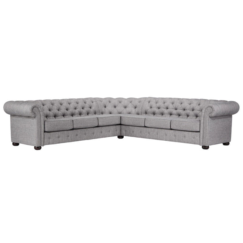 Beige / Grey / Brown Linen, Velvet & Leather Chesterfield L-Shaped Sectional, 7-Seat