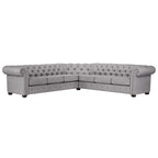 Beige / Grey / Brown Linen, Velvet & Leather Chesterfield L-Shaped Sectional, 7-Seat