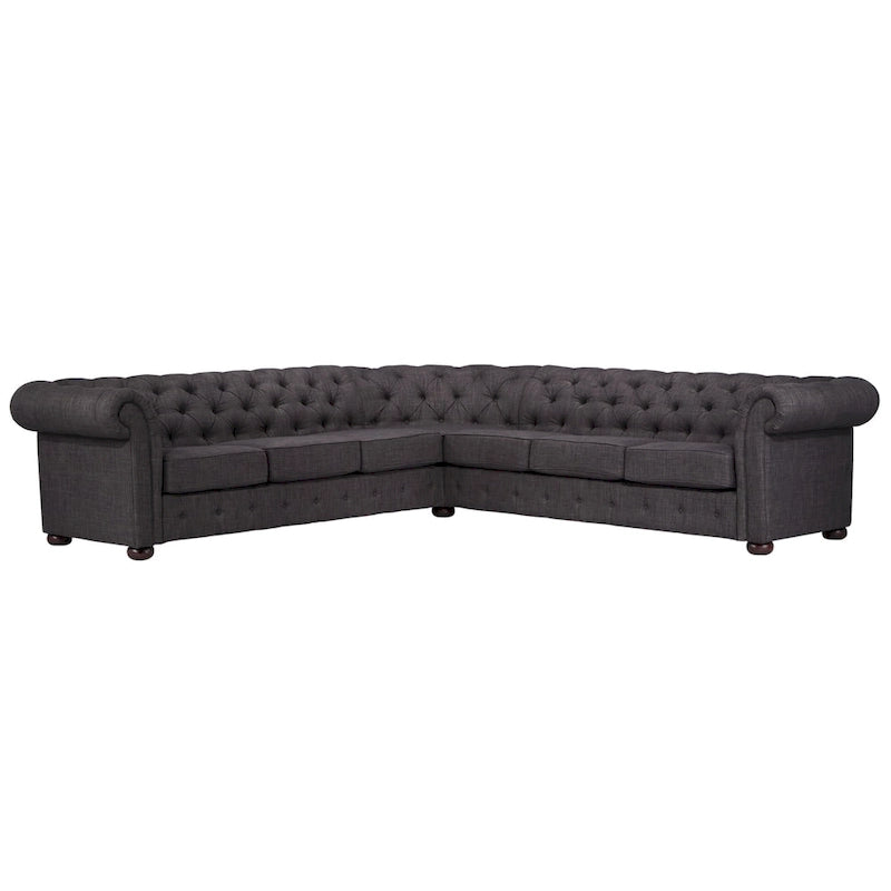 Beige / Grey / Brown Linen, Velvet & Leather Chesterfield L-Shaped Sectional, 7-Seat