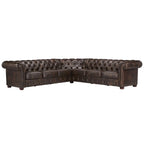 Beige / Grey / Brown Linen, Velvet & Leather Chesterfield L-Shaped Sectional, 7-Seat