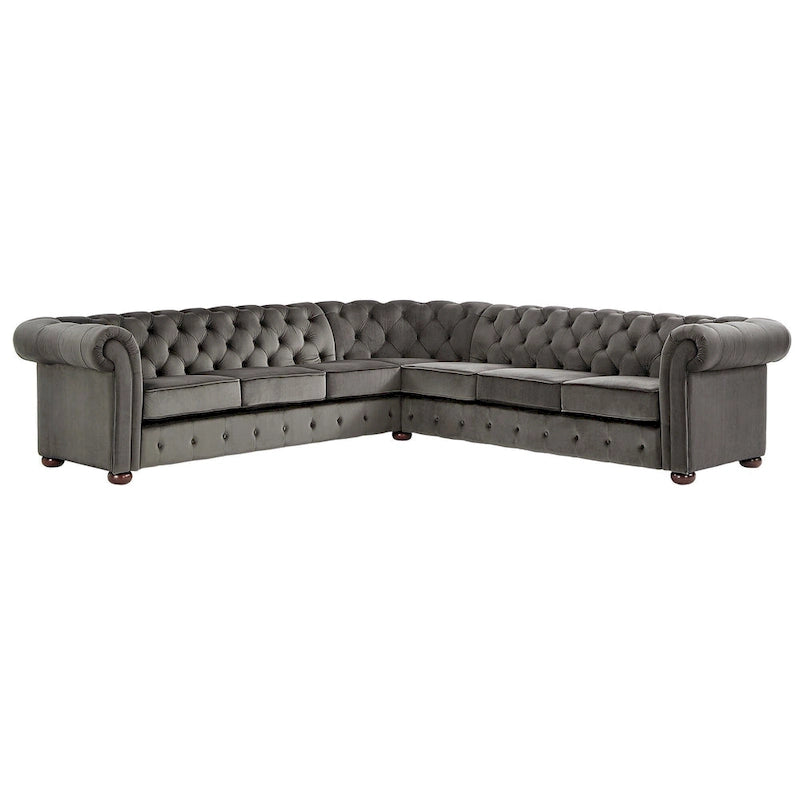 Beige / Grey / Brown Linen, Velvet & Leather Chesterfield L-Shaped Sectional, 7-Seat