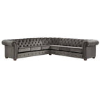 Beige / Grey / Brown Linen, Velvet & Leather Chesterfield L-Shaped Sectional, 7-Seat