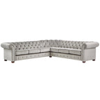 Beige / Grey / Brown Linen, Velvet & Leather Chesterfield L-Shaped Sectional, 7-Seat
