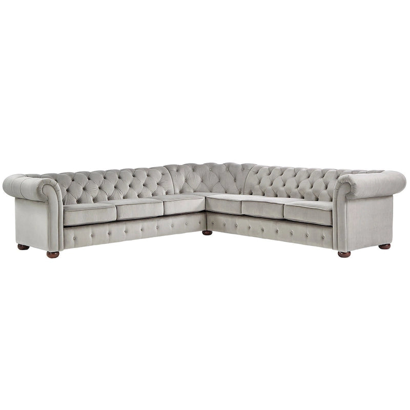Beige / Grey / Brown Linen, Velvet & Leather Chesterfield L-Shaped Sectional, 7-Seat