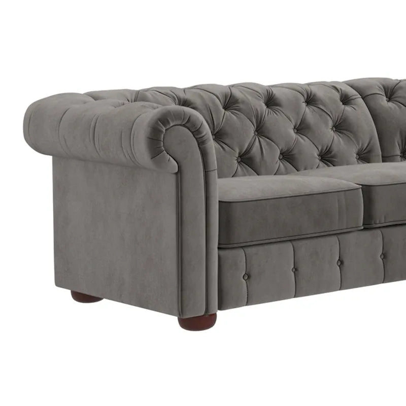 Beige / Grey / Brown Linen, Velvet & Leather Chesterfield L-Shaped Sectional, 7-Seat