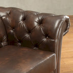 Beige / Grey / Brown Linen, Velvet & Leather Chesterfield L-Shaped Sectional, 7-Seat