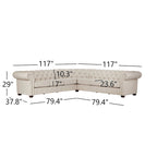 Beige / Grey / Brown Linen, Velvet & Leather Chesterfield L-Shaped Sectional, 7-Seat