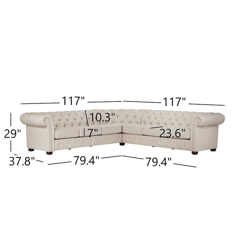 Beige / Grey / Brown Linen, Velvet & Leather Chesterfield L-Shaped Sectional, 7-Seat