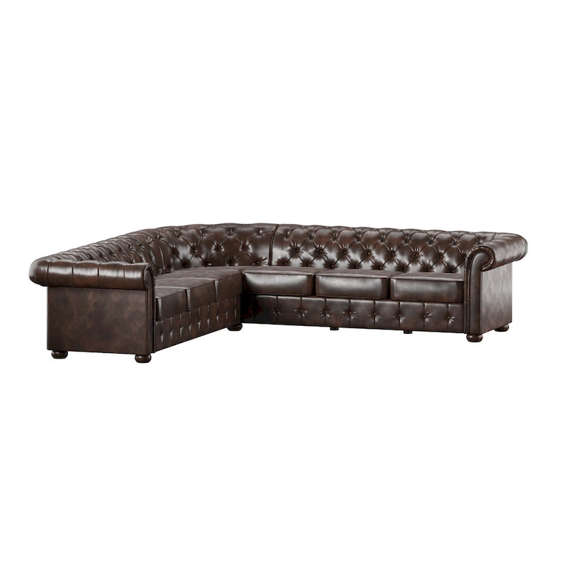 Beige / Grey / Brown Linen, Velvet & Leather Chesterfield L-Shaped Sectional, 7-Seat