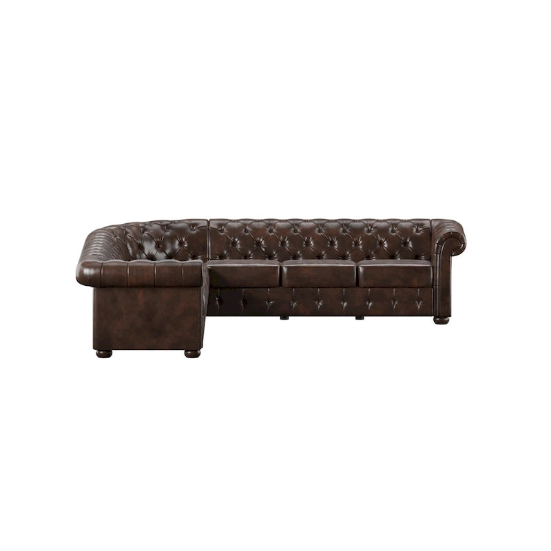 Beige / Grey / Brown Linen, Velvet & Leather Chesterfield L-Shaped Sectional, 7-Seat