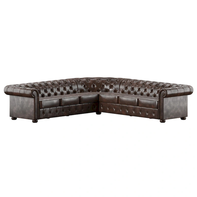 Beige / Grey / Brown Linen, Velvet & Leather Chesterfield L-Shaped Sectional, 7-Seat