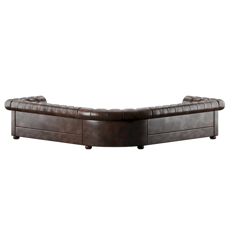 Beige / Grey / Brown Linen, Velvet & Leather Chesterfield L-Shaped Sectional, 7-Seat